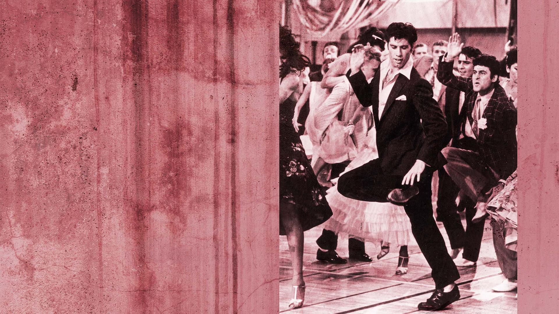 John Travolta in Grease, on a pink background