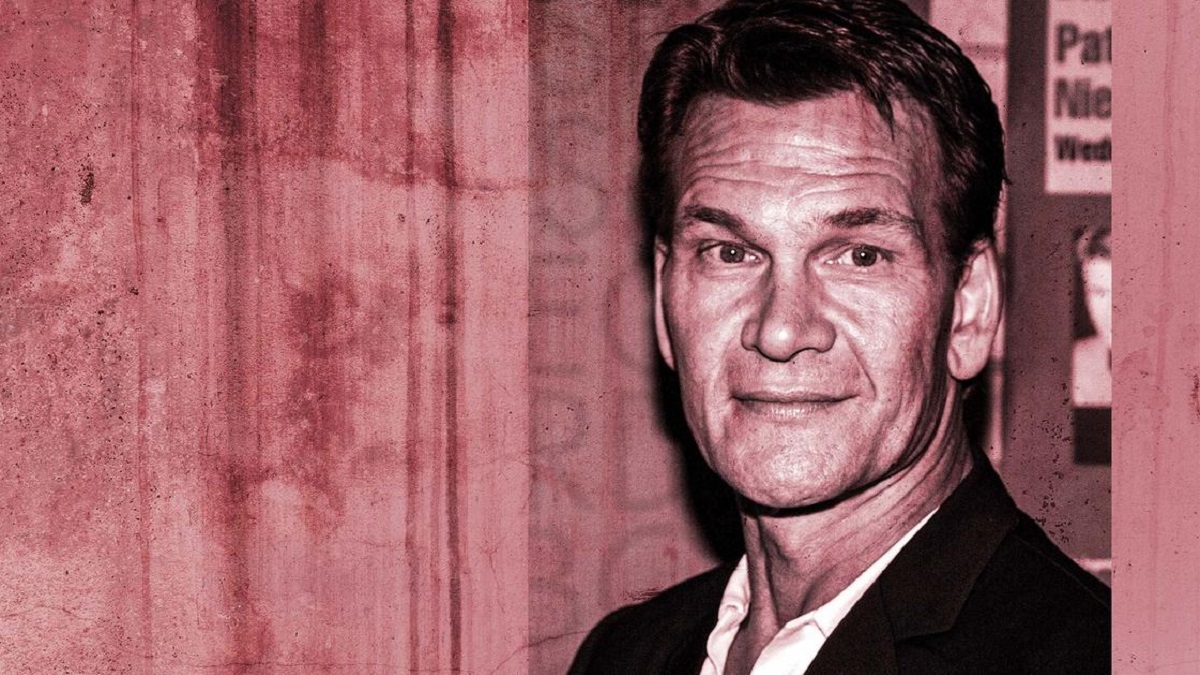 Black and white photo of Patrick Swayze on a pink background