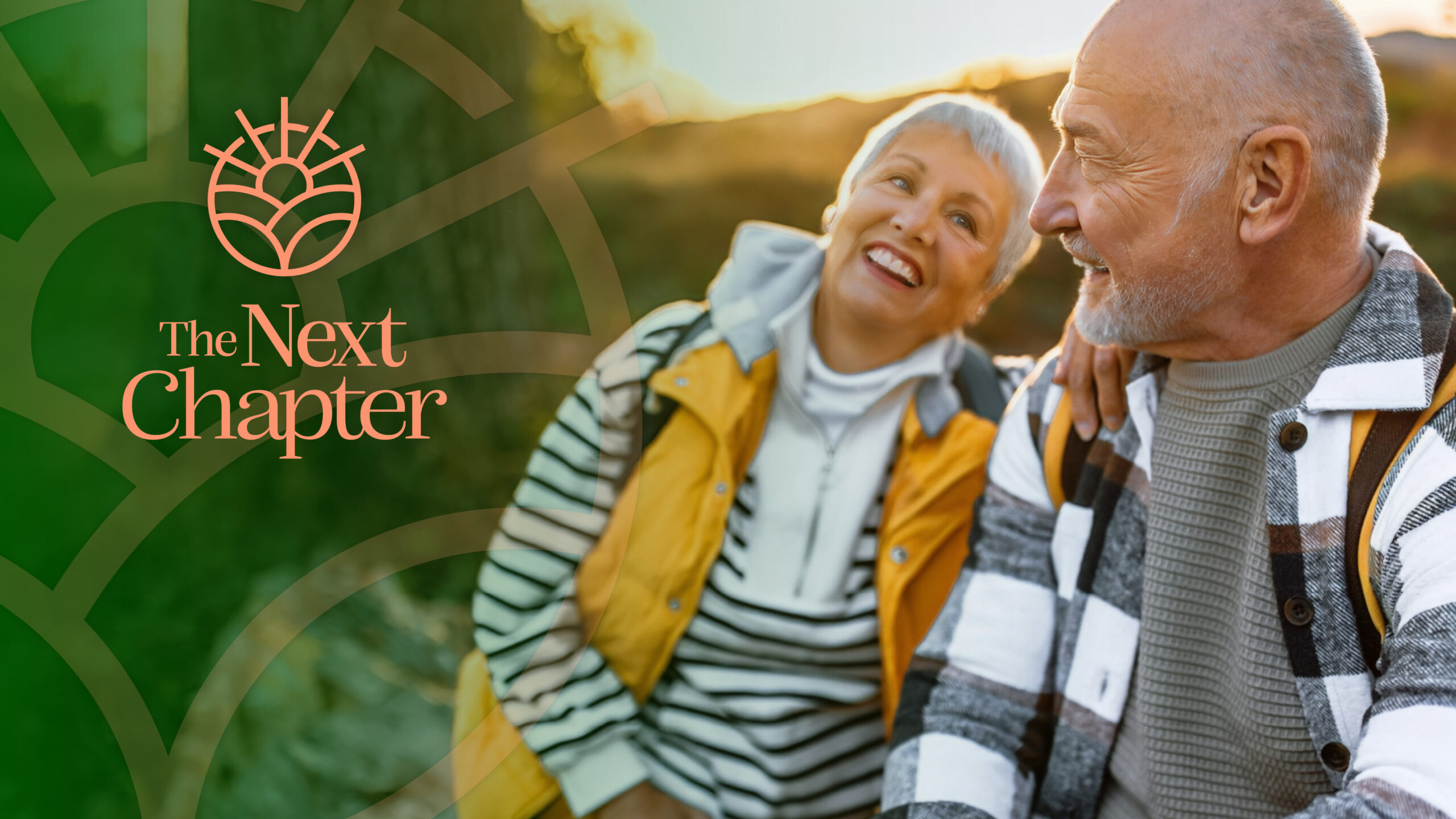 The Next Chapter logo next to two people dressed in hiking clothes outdoors