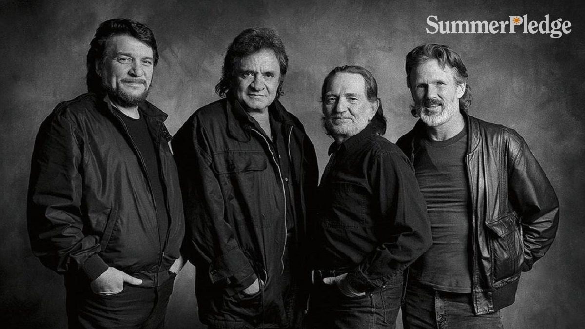 Black and white photo of Waylon Jennings, Johnny Cash, Willie Nelson, and Kris Kristofferson