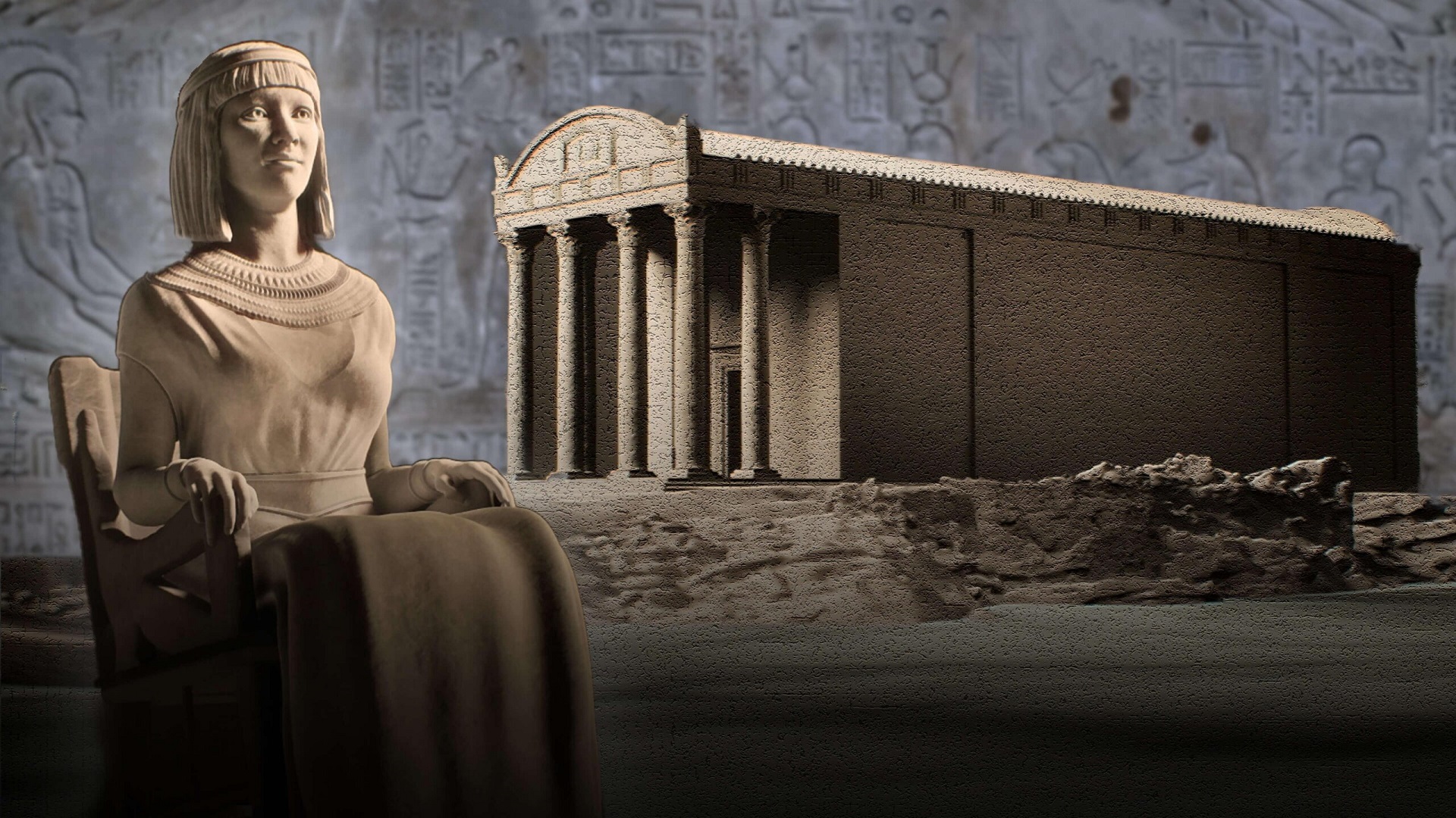 Illustration of a stone statue of cleopatra and a stone temple