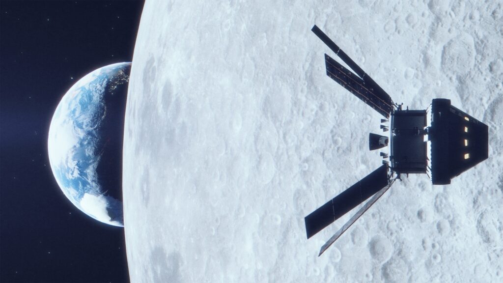 Space shuttle flying in front of moon with Earth in the background