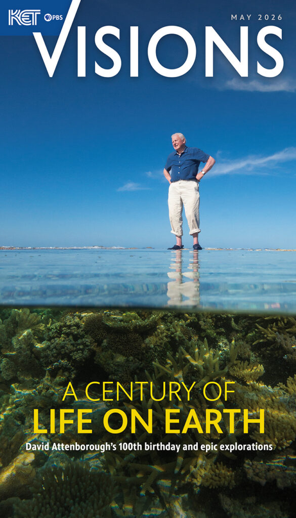 The cover of KET's May issue of Visions magazine with David Attenborough