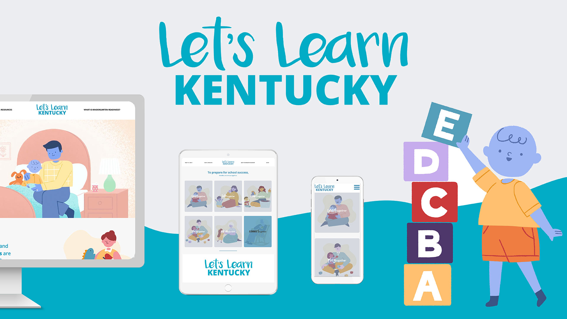 Let's Learn Kentucky logo with illustrations of a desktop computer monitor, an ipad, a mobile phone, and a kid playing with ABC blocks