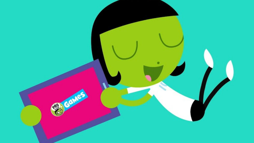 PBS KIDS character, Dot, holding a digital tablet with PBS Games on the screen