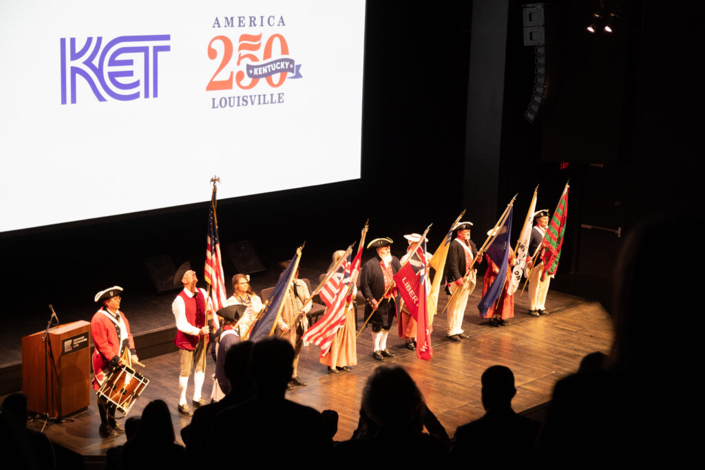 Members of the National Society of the Sons of the American Revolution Color Guard on stage at KET's Louisville event.