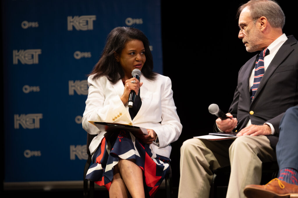 Renee Shaw, emcee and KET's Director of Public Afairs on stage at KET's Louisville event.