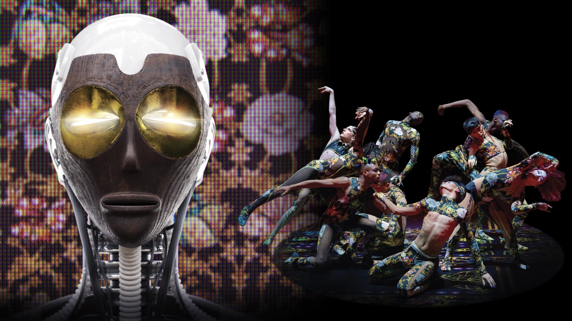 Two images blended - a robotic head and a group of dancers