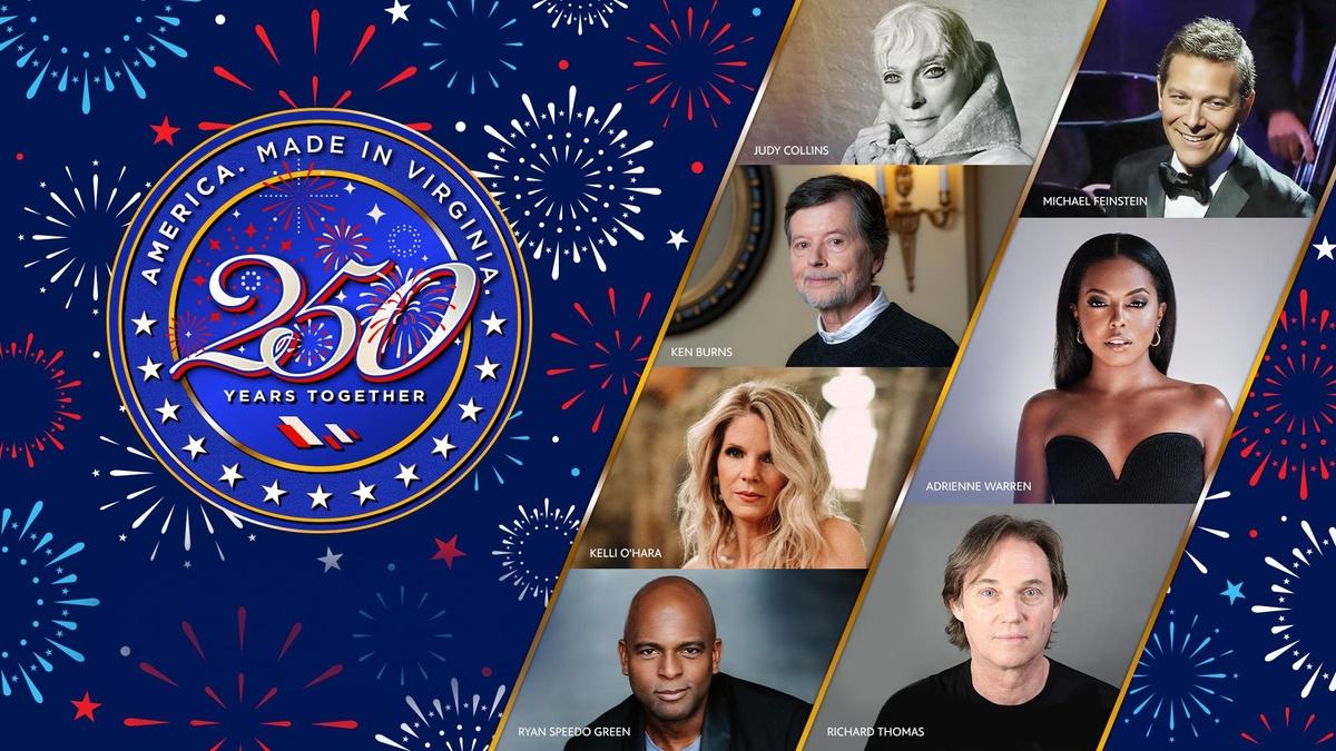 The title treatment for America Made in Virginia: 250 Years Together along with a collage of celebrity guests' faces