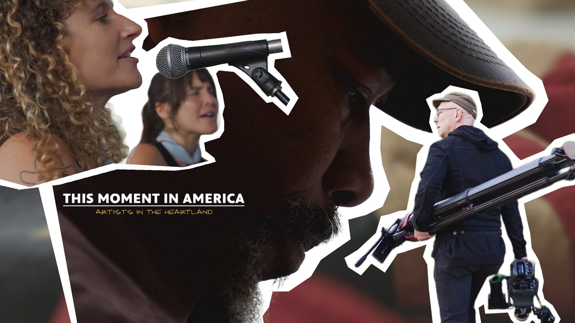 A collage of one person along with three faces and the program title treatment