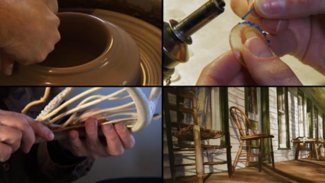 A 4-way split screen showing artists working at their crafts