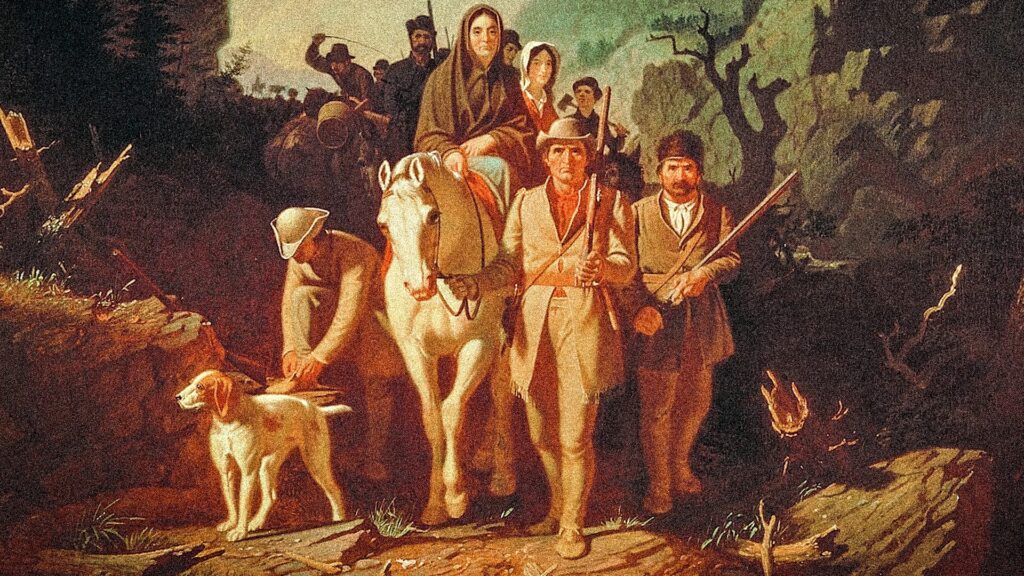 A painting showing people on horses and walking through woods