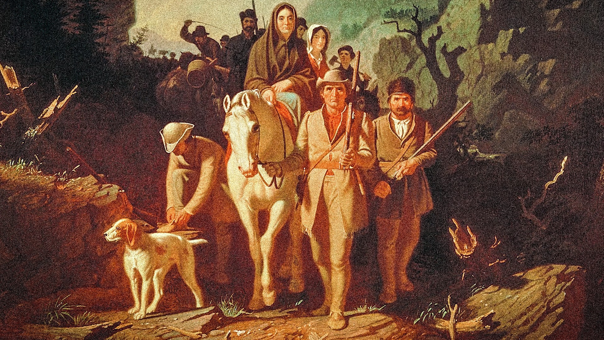 A painting showing people on horses and walking through woods