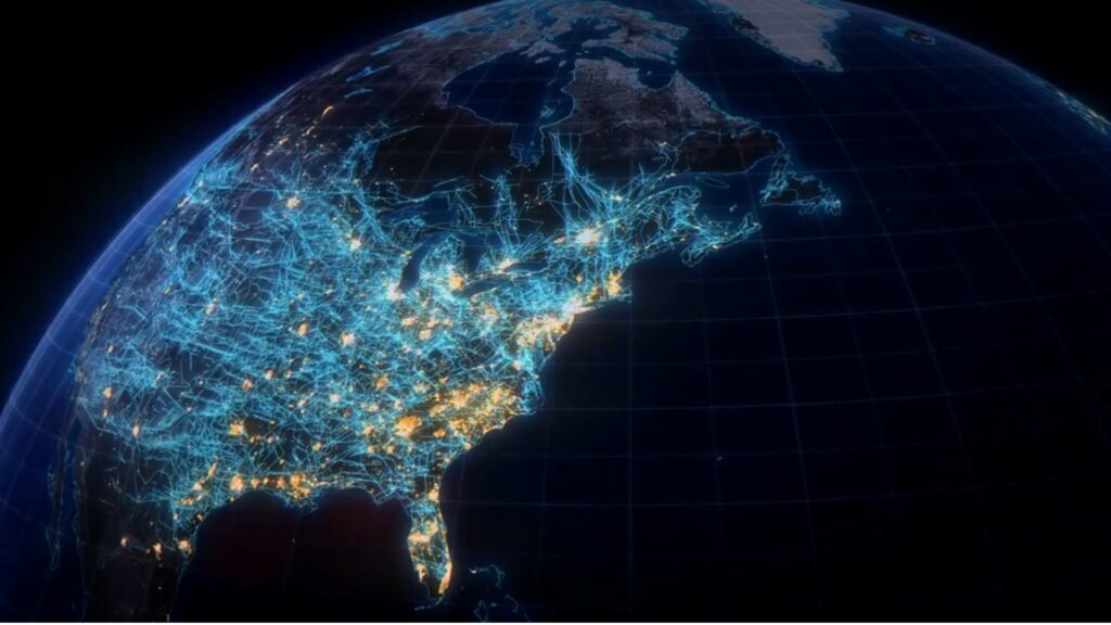 The Earth seen from space at night with the United States taking up most of the image. Lights across the country reveal the country's shape against the Atlantic Ocean which shows as black in the night.