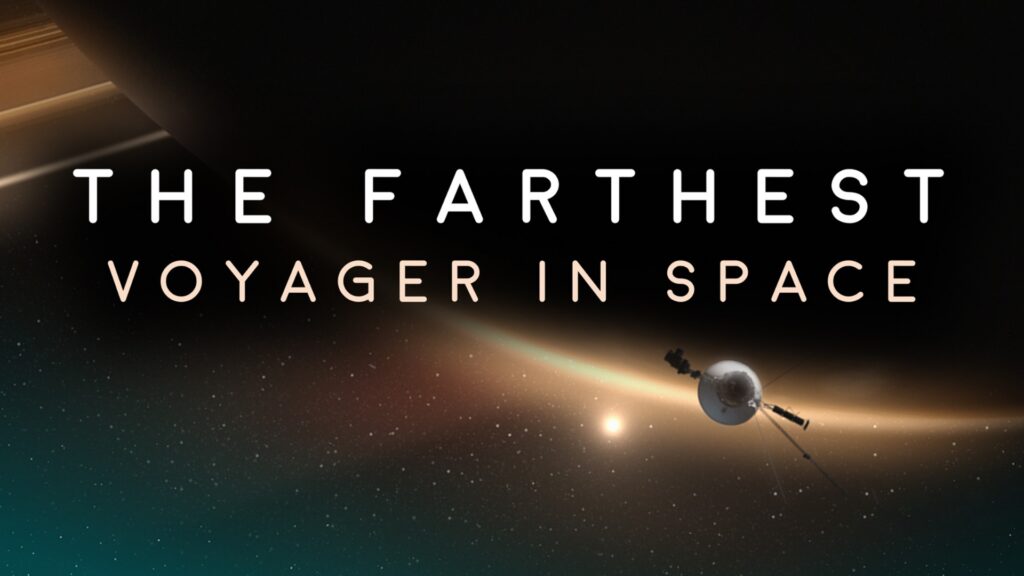 The title treatment for "The Farthest Voyage in Space" laid over an image of Voyager near a planet and moon