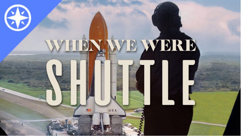 A person wearing headphones silhouetted against a vertical Space Shuttle in the background with the program title superimposed over the image. The PBS Passport logo is in the upper left-hand corner.