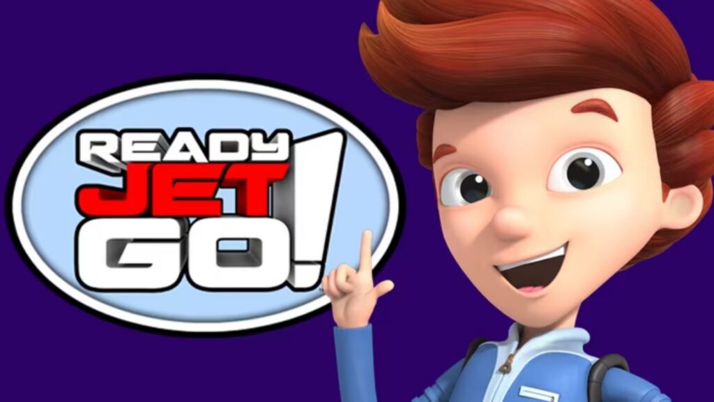 The character, Jet Propulsion, from Ready Jet Go! along with the show logo