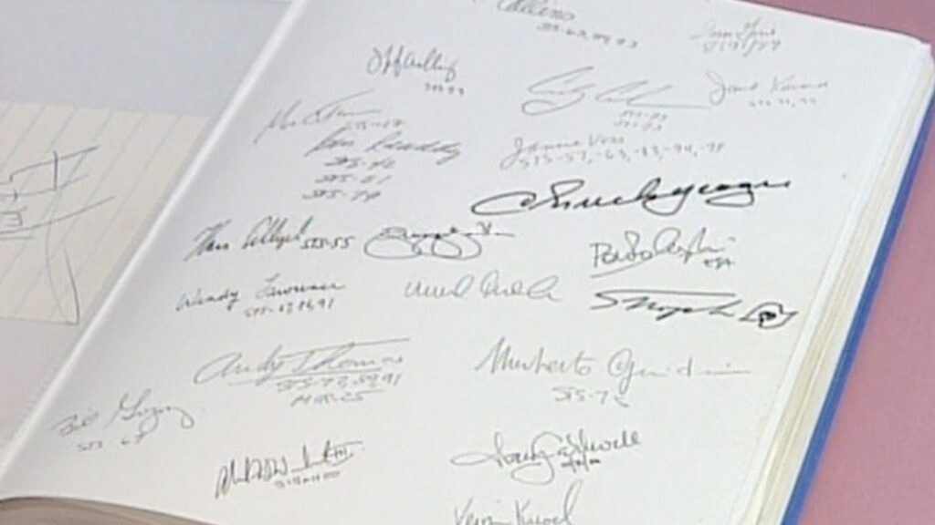 Signatures across two pages of a book