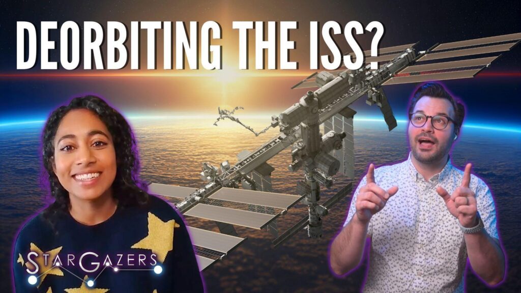 A man and a woman with a picture of the International Space Station behind them and the show title superimposed over the image.