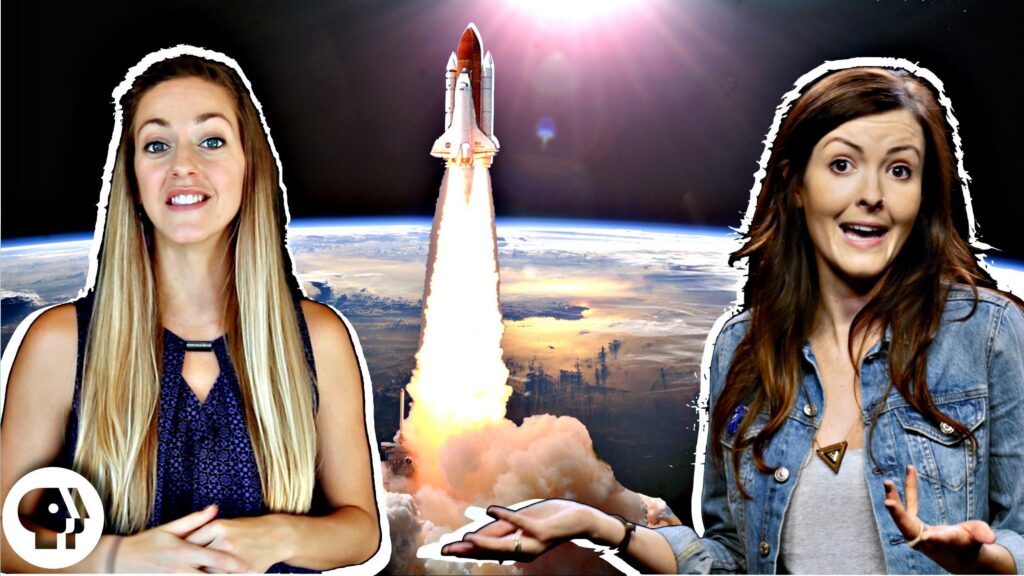 Two women making funny gestures with an image of a rocket behind them