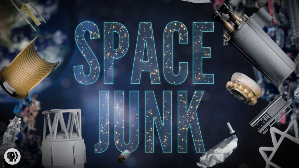 The words, "Space Junk" surrounded by pieces of spaceships