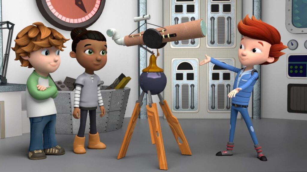 The character, Jet Propulsion, from Ready Jet Go! along with two of the program's other characters and a telescope