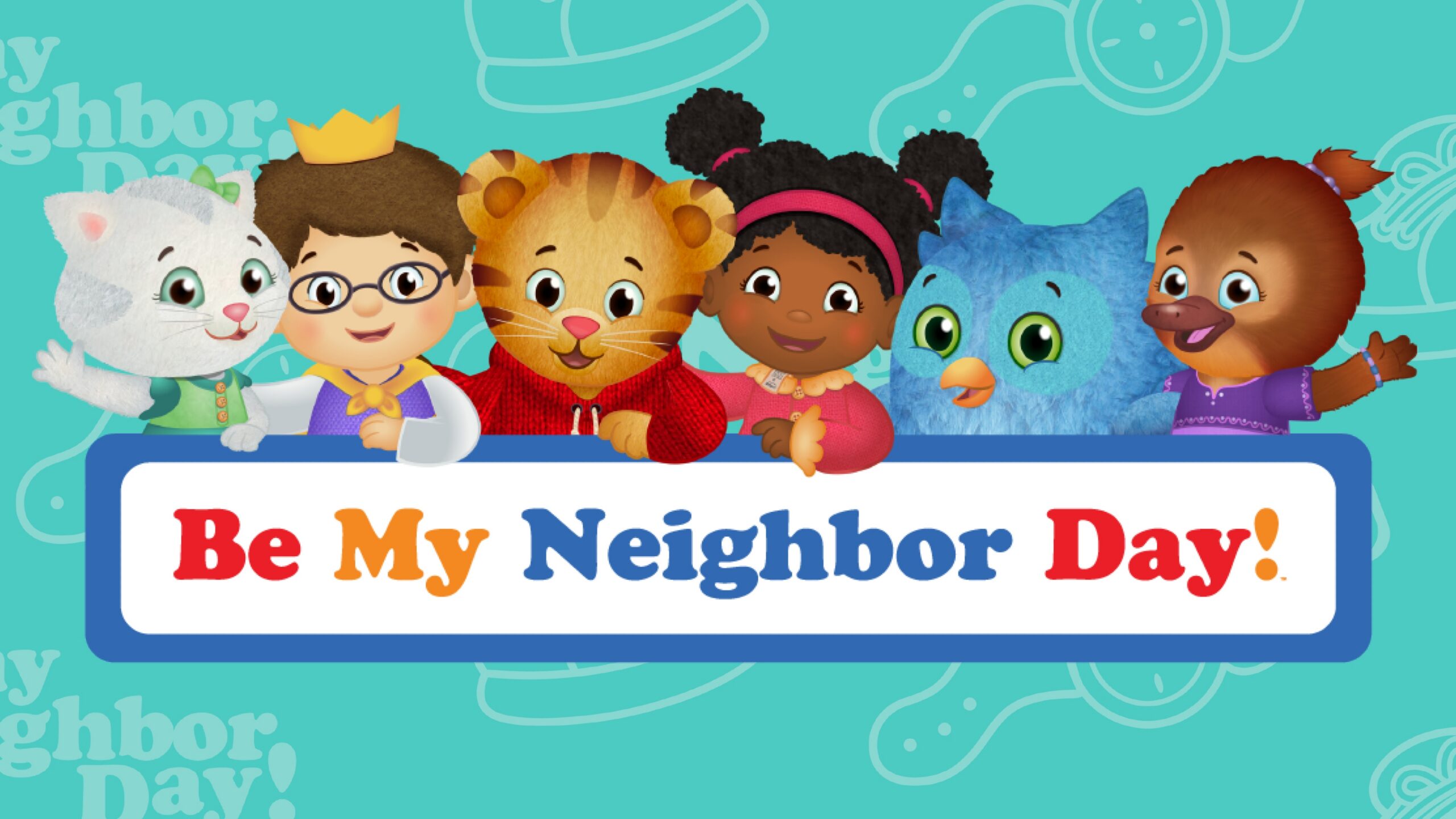 The logo for Be My Neighbor Day along with characters from Daniel Tiger's Neighborhood.