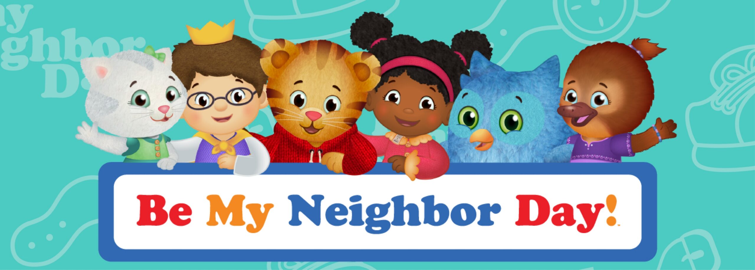 The logo for Be My Neighbor Day along with characters from Daniel Tiger's Neighborhood.