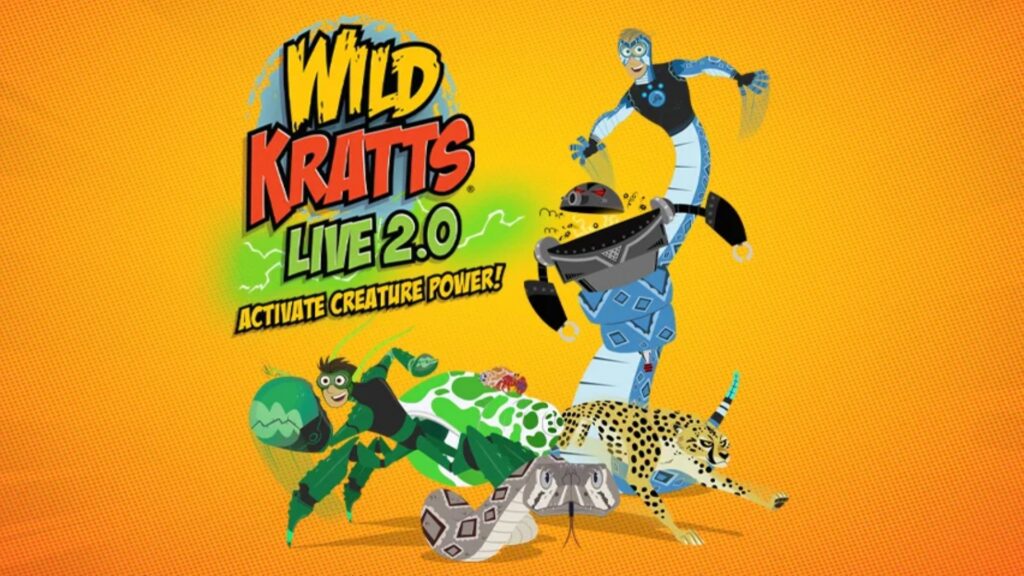 An illustration of the Kratts along with the show title, Wild Kratts Live 2.0 Activate Creature Power