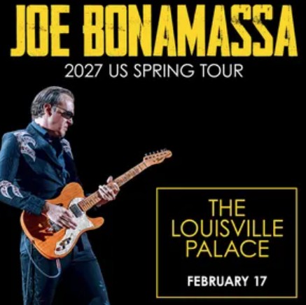 Joe Bonamassa playing guitar with copy about the concert tour overlaid
