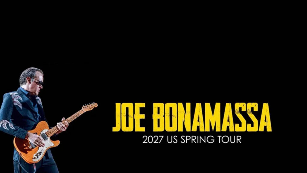 Joe Bonamassa playing guitar with copy about the concert tour overlaid