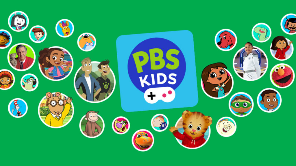 PBS KIDS logo with an illustration of game controls and lots of circles filled with PBS KIDS characters' faces.