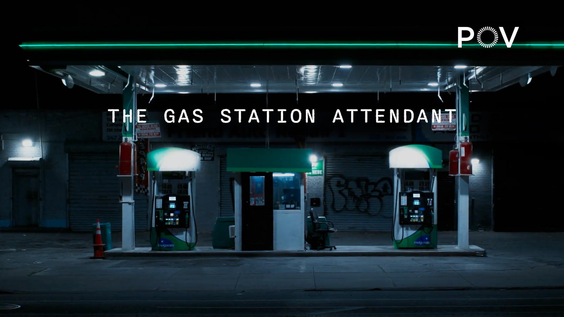 A dimly lit gas station at night with title card