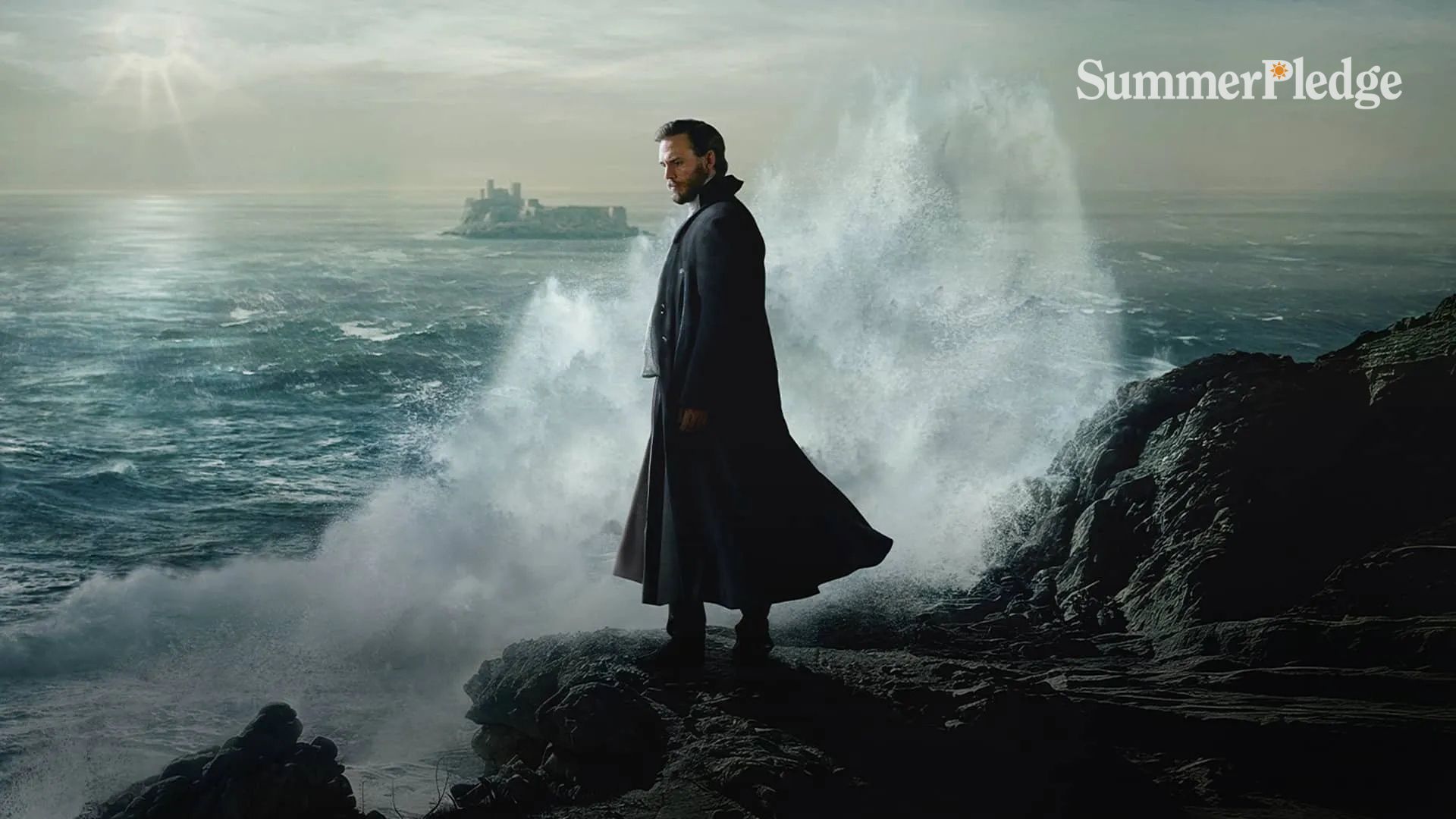 The Count of Monte Cristo stands on a rocky outcrop as waves break behind him