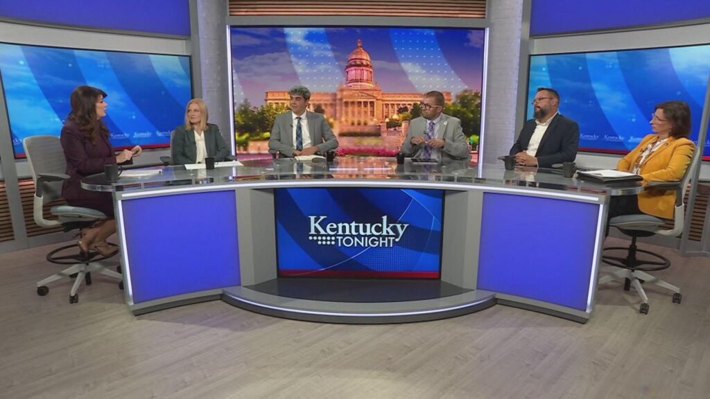 Host Christie Dutton on the Kentucky Tonight set with her guests Marty Park, chief digital officer, Kentucky Department of Education; Chase Colvin, senior advisor and former research lead, Kentucky Student Voice Team; William Ferguson, principal at Boyd Co. Middle School; State Sen. Cassie Chambers Armstrong (D-Louisville); and State Sen. Lindsey Tichenor (R-Smithfield). 