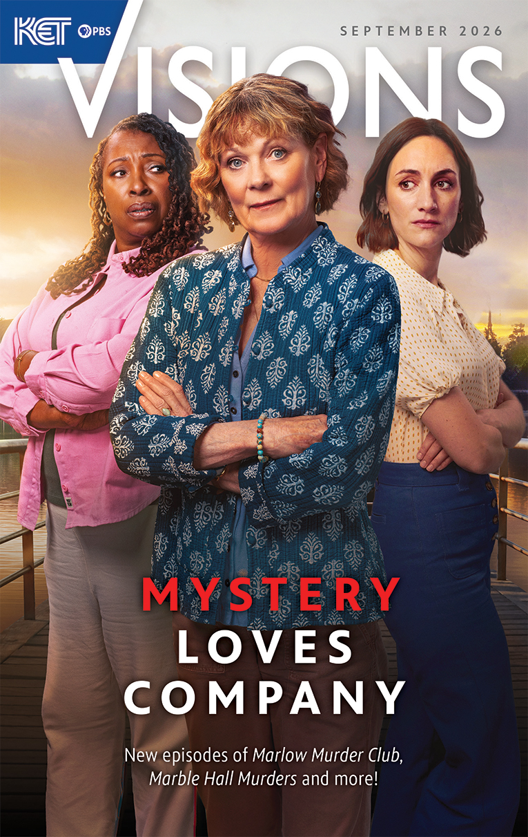Characters Suzie, Judith, and Becks from The Marlow Murder Club series posed with arms crossed over their chests on the cover of September 2026 Visions magazine