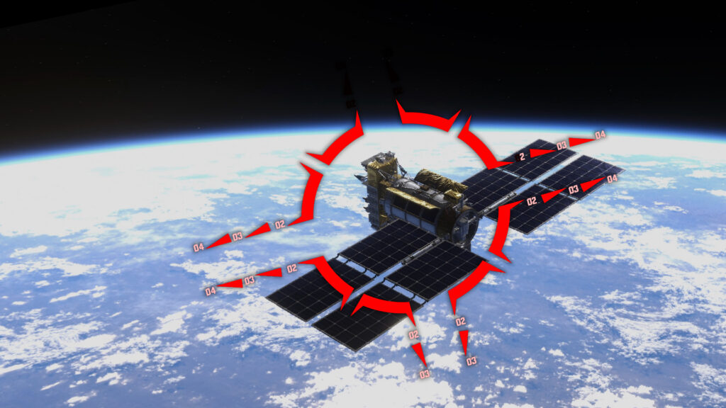 A red targeting/network symbol overlays a satellite in orbit. A planet and black sky are in the background.