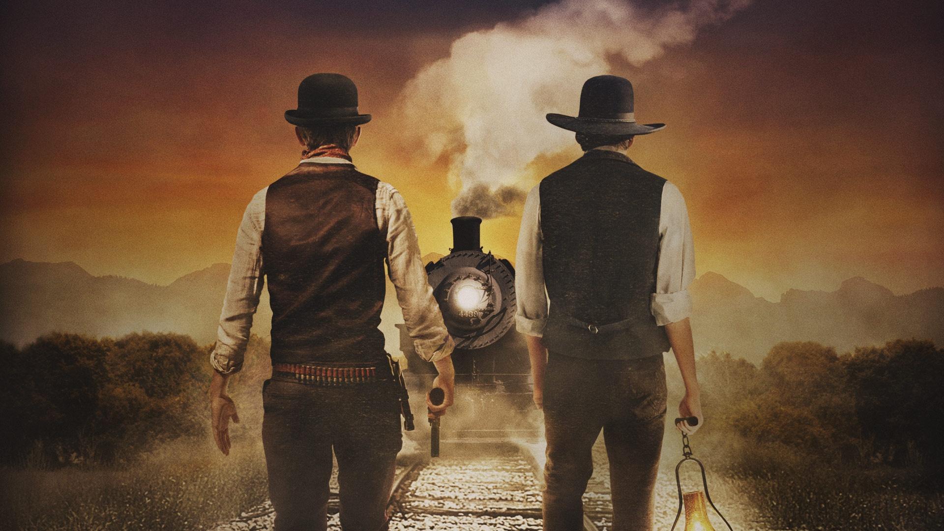 illustration of two men standing in front of an oncoming steam train