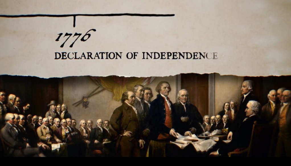 Text reads 1776 Declaration of Independence like a timeline with a photo of the painting of the signing below it