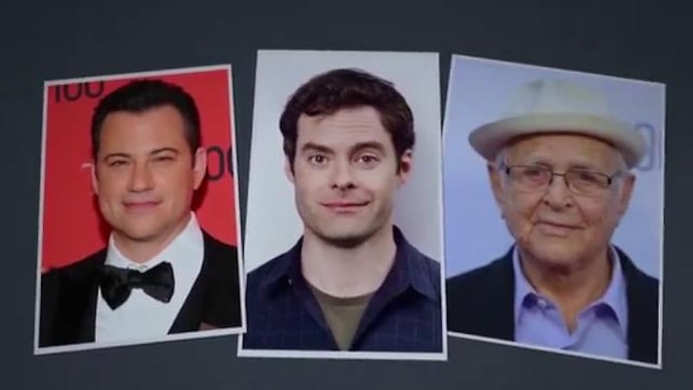 photos of Jimmy Kimmel, Bill Hader, and Norman Lear on a dark background like a scrapbook