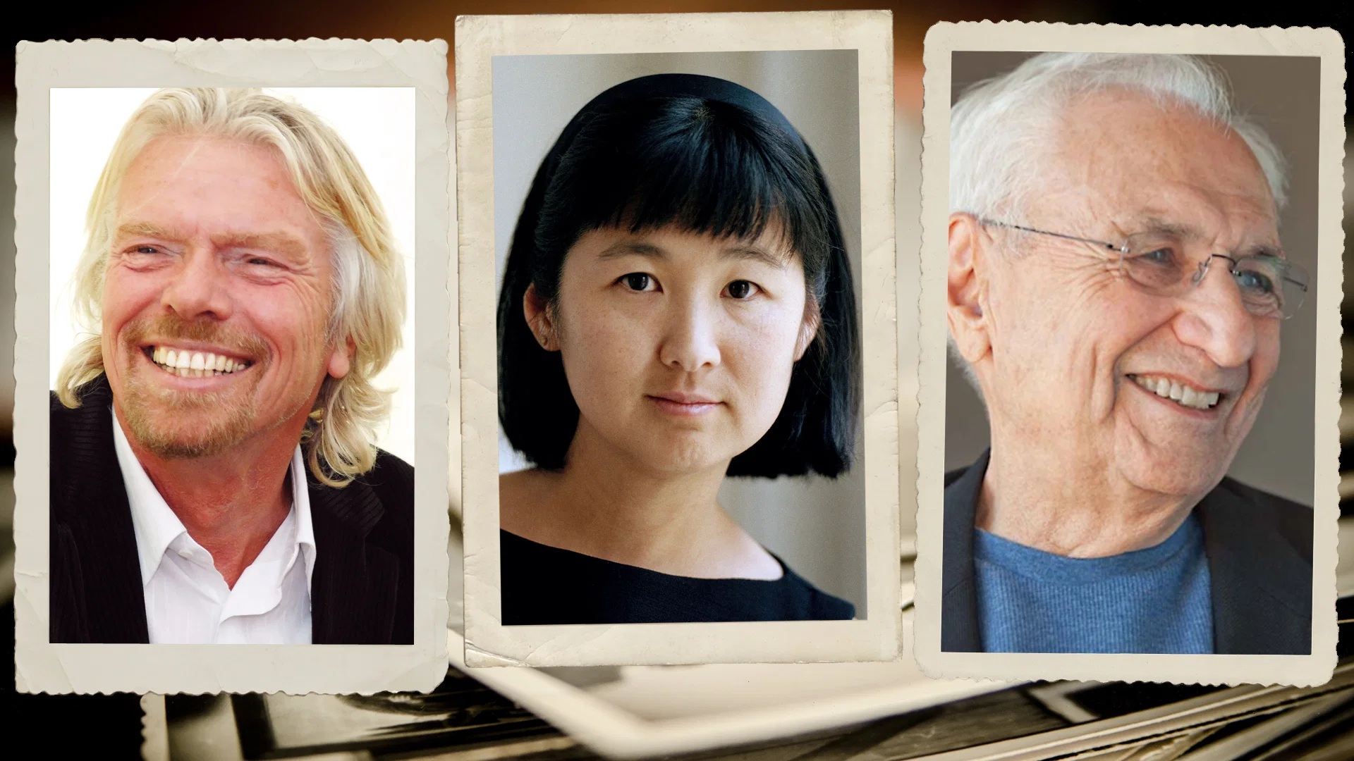 Richard Branson, Maya Lin, and Frank Gehry photos that look like they're in a scrapbook