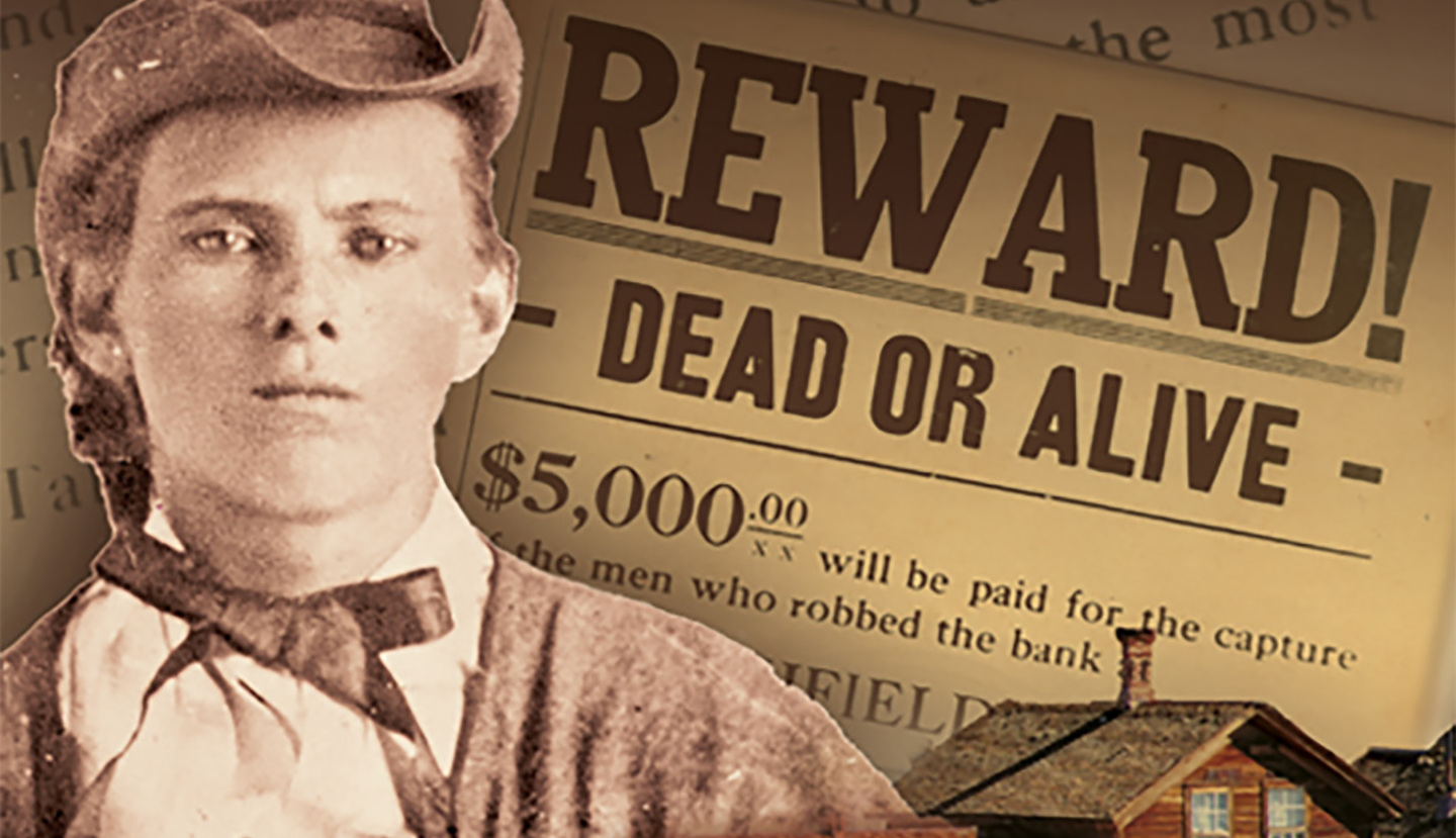 Jesse James with illustration of newspaper headline reading Reward! Dead or Alive