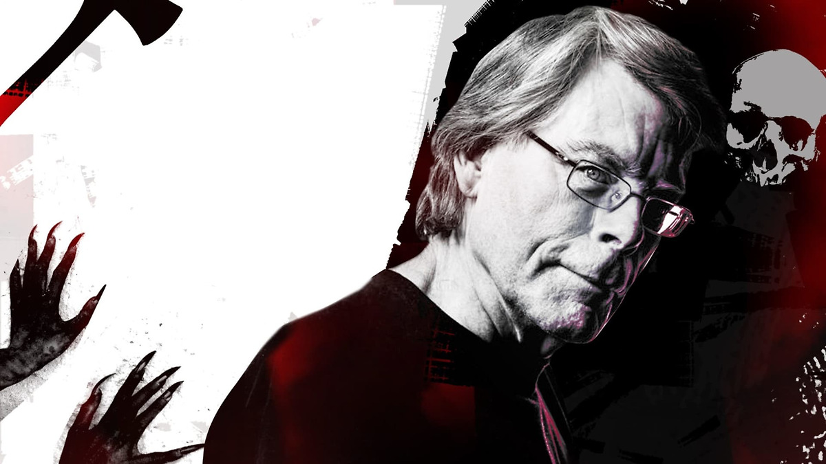 Stephen King black and white photo with images of a skull, an axe and hands in the background