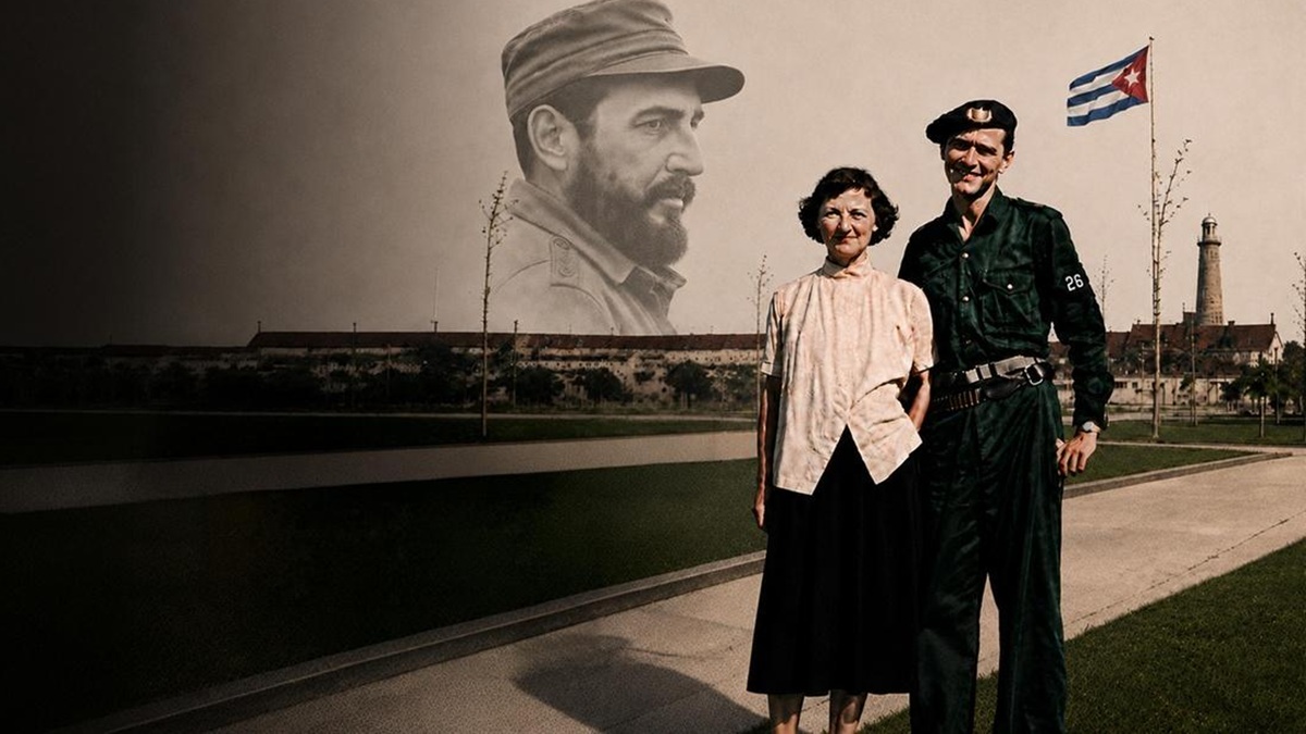 Photo of Neill and Nancy Macaulay with image of Fidel Castro in background