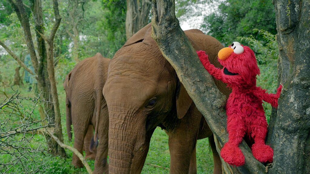 The Muppet, Elmo is perched on a tree branch next to two young elephants.