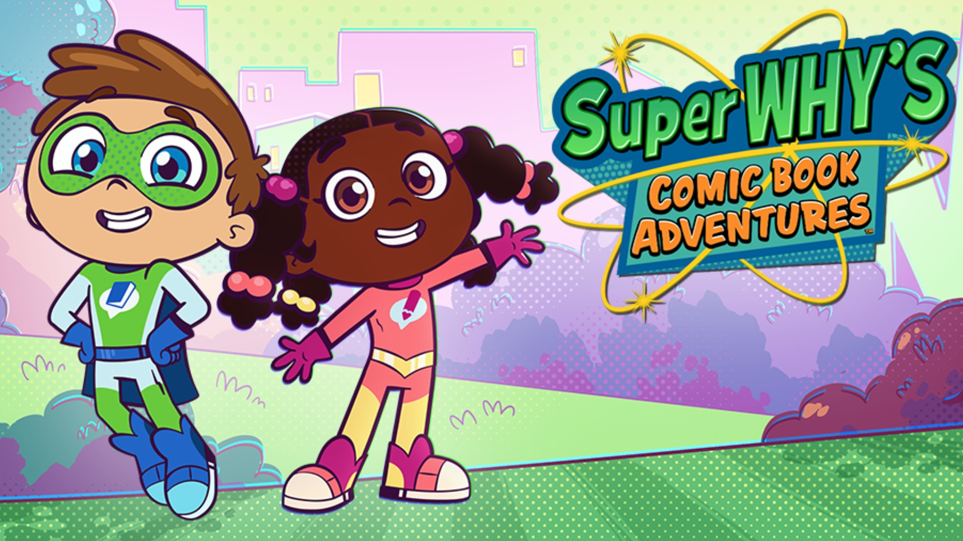 Super Why (left) and Power Paige (right), characters in the PBS KIDS animated series Super Why's Comic Book Adventures, along with the show logo, and grass and buildings in the background.