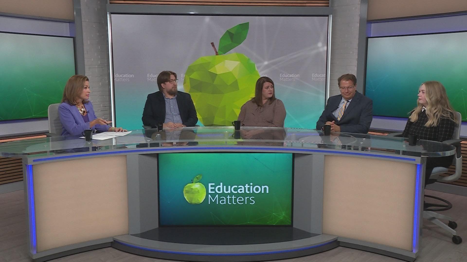 The panel on set for the "Paying for College" special episode of Education Matters on KET includes (from left to right): Host, Kelsey Starks; Keith Ritchie, Outreach Counselor for the Kentucky Higher Education Assistance Authority (KHEAA); Audrey Price, Director of Financial Aid at Lindsey Wilson University; Mark Messingschlager, Director of Financial Aid at Thomas More University; Lindsay Driskell, Director of Financial Aid at Jefferson Community and Technical College (JCTC).