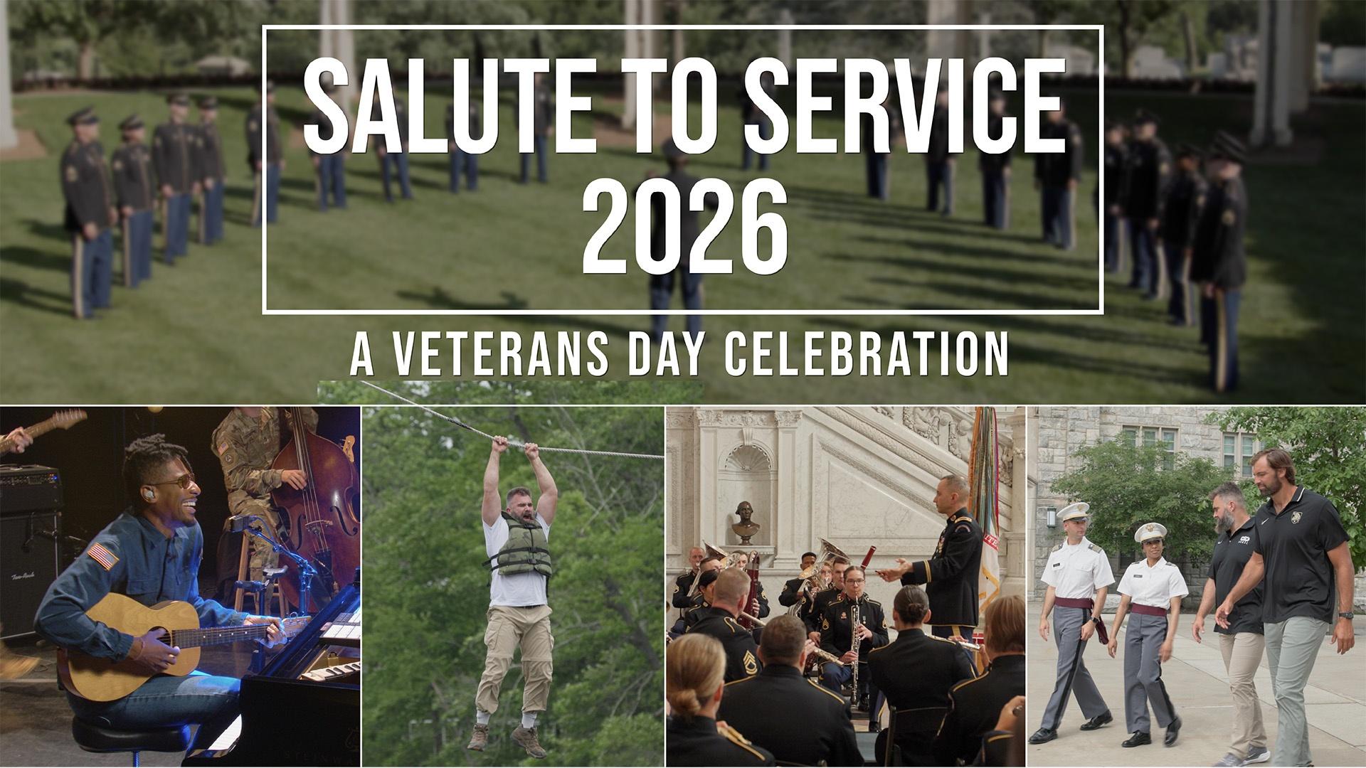 The show's title card superimposed over members of the U.S. Army Field Band standing in formation, along with the eight-time Grammy Award-winning musician Jon Batiste playing an acoustic guitar during a musical tribute, the host and former NFL star Jason Kelce participating in rigorous physical training drills at the United States Military Academy at West Point, an indoor military ceremony or rehearsal with members of the elite 3rd U.S. Infantry Regiment ("The Old Guard"), Jason Kelce walking alongside former NFL offensive tackle and Army veteran Alejandro Villanueva on the West Point campus.
