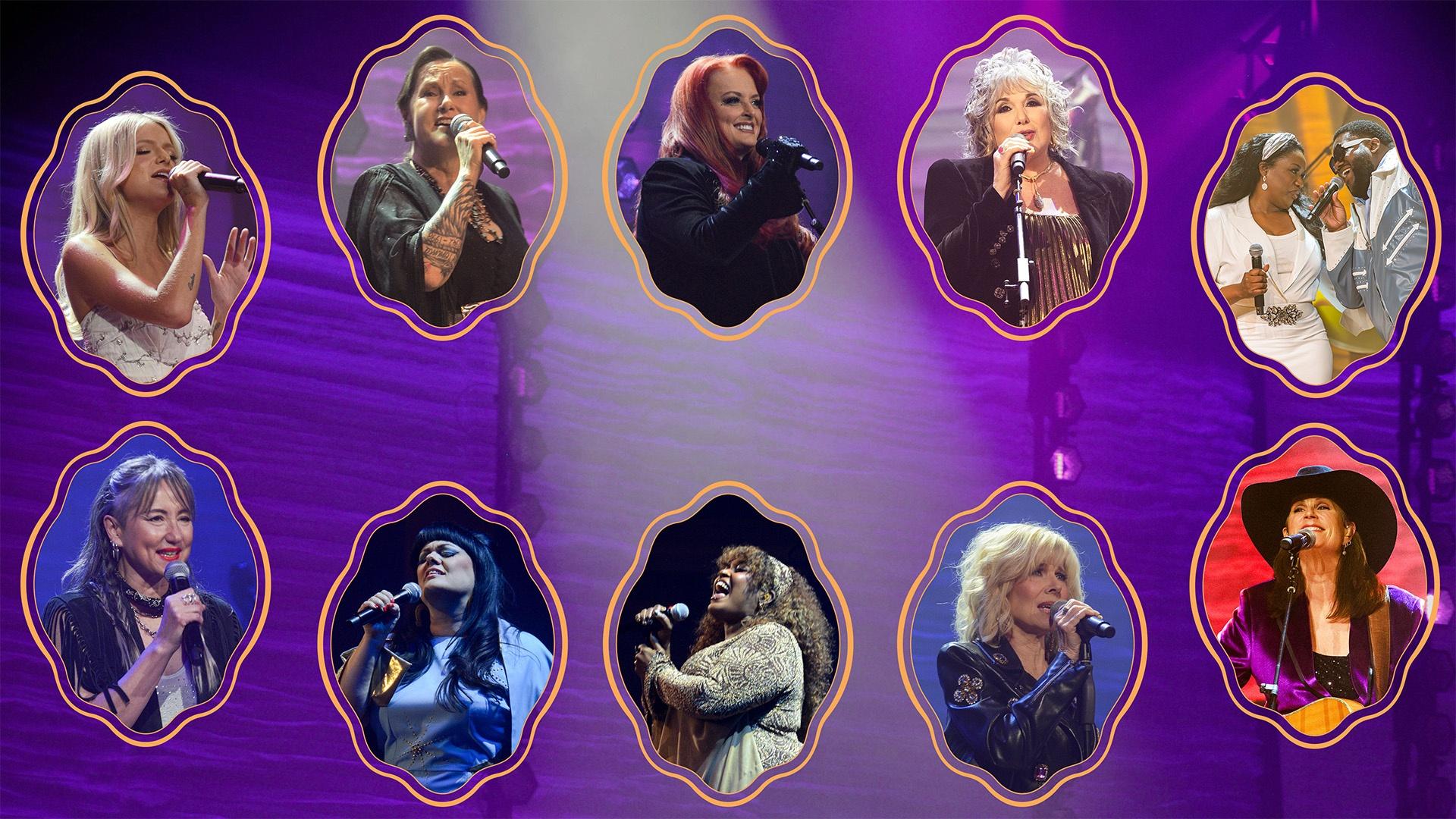 Ten different singers or acts in oval frames on a purple banner